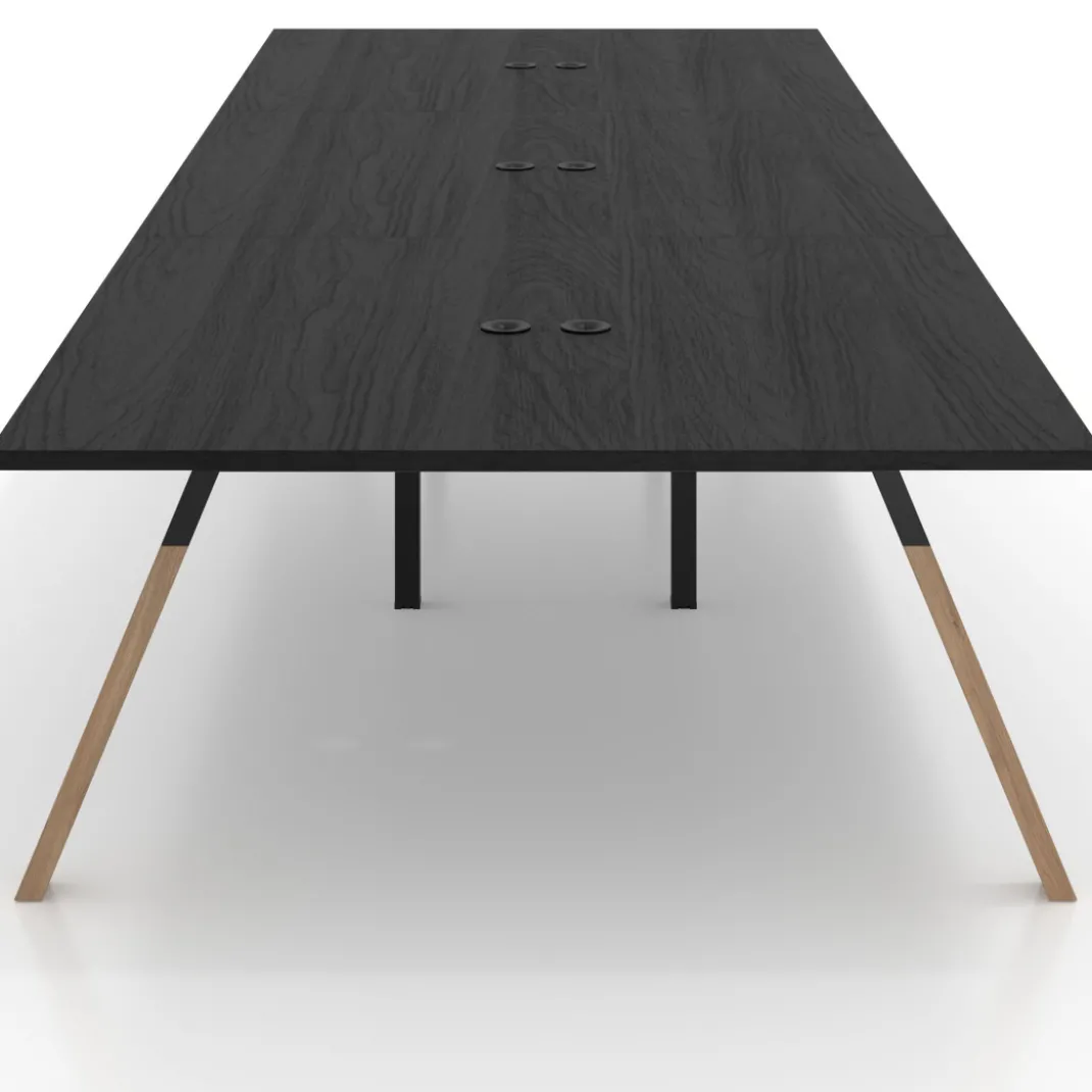 Mesa de oficina coworking triple UvePro fondo 166, cantos rectos, estructura negra/madera