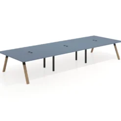 Mesa de oficina coworking triple UvePro fondo 166, cantos rectos, estructura negra/madera