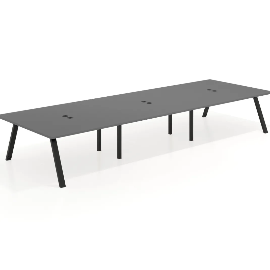 Mesa de oficina coworking triple UvePro fondo 166, cantos rectos, estructura negra