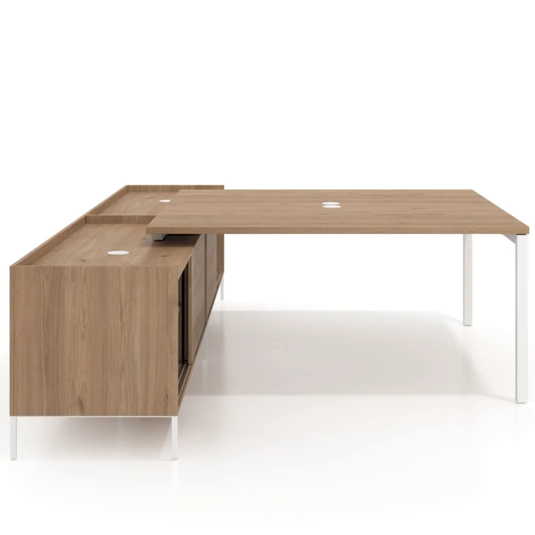 Mesa de oficina doble con pedestal estantes Kube, encimera única, estructura blanca
