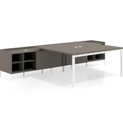 Mesa de oficina doble con pedestal estantes Kube, encimera única, estructura blanca