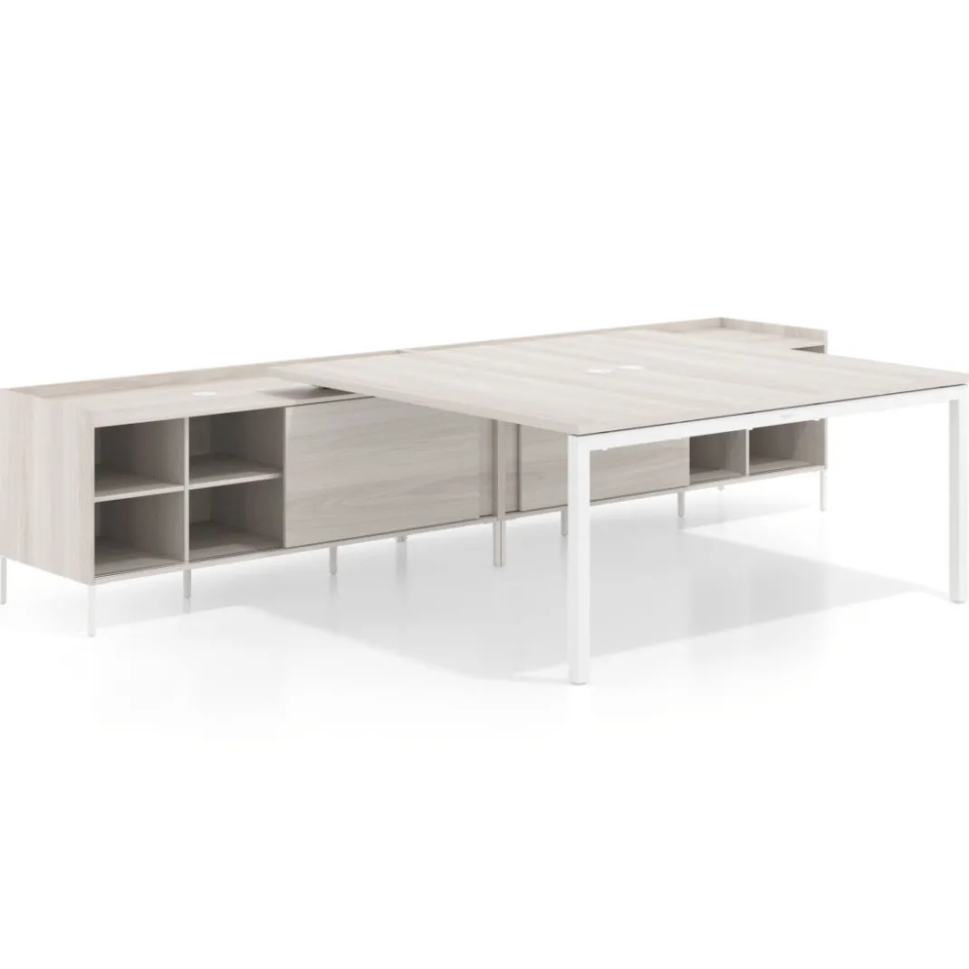 Mesa de oficina doble con pedestal estantes Kube, encimera única, estructura blanca