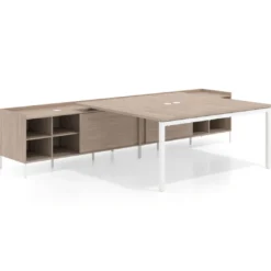 Mesa de oficina doble con pedestal estantes Kube, encimera única, estructura blanca