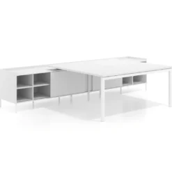 Mesa de oficina doble con pedestal estantes Kube, encimera única, estructura blanca