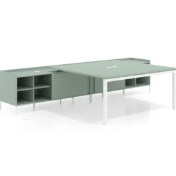 Mesa de oficina doble con pedestal estantes Kube, encimera única, estructura blanca