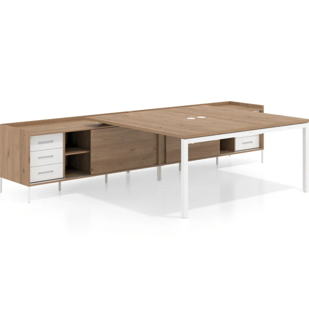 Mesa de oficina doble con pedestal cajonera Kube, encimera única, estructura blanca