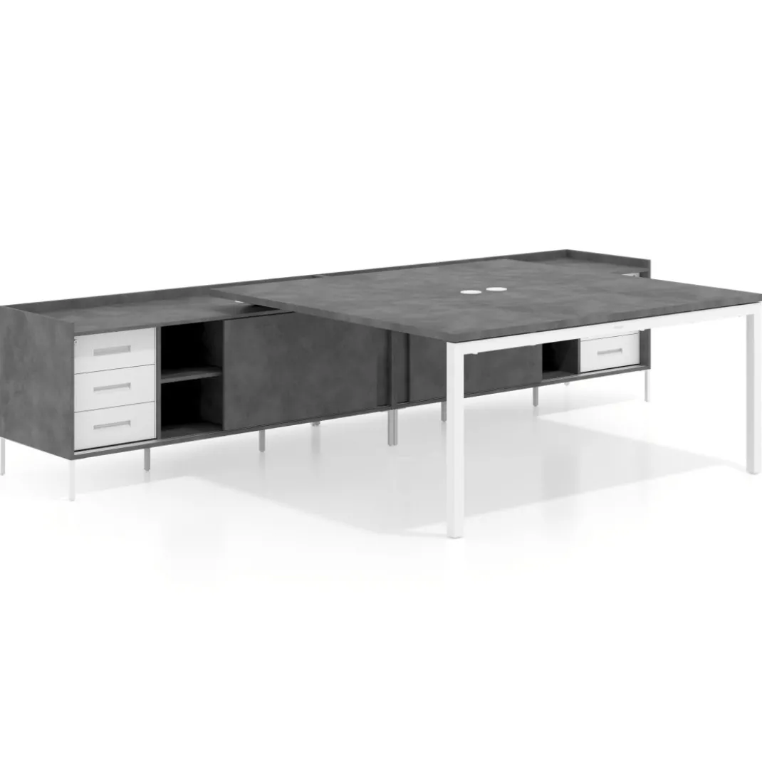 Mesa de oficina doble con pedestal cajonera Kube, encimera única, estructura blanca