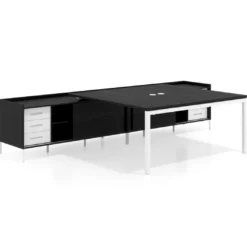 Mesa de oficina doble con pedestal cajonera Kube, encimera única, estructura blanca
