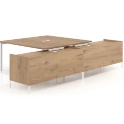Mesa de oficina doble con pedestal cajonera Kube, encimera única, estructura blanca