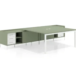 Mesa de oficina doble con pedestal cajonera Kube, encimera única, estructura blanca
