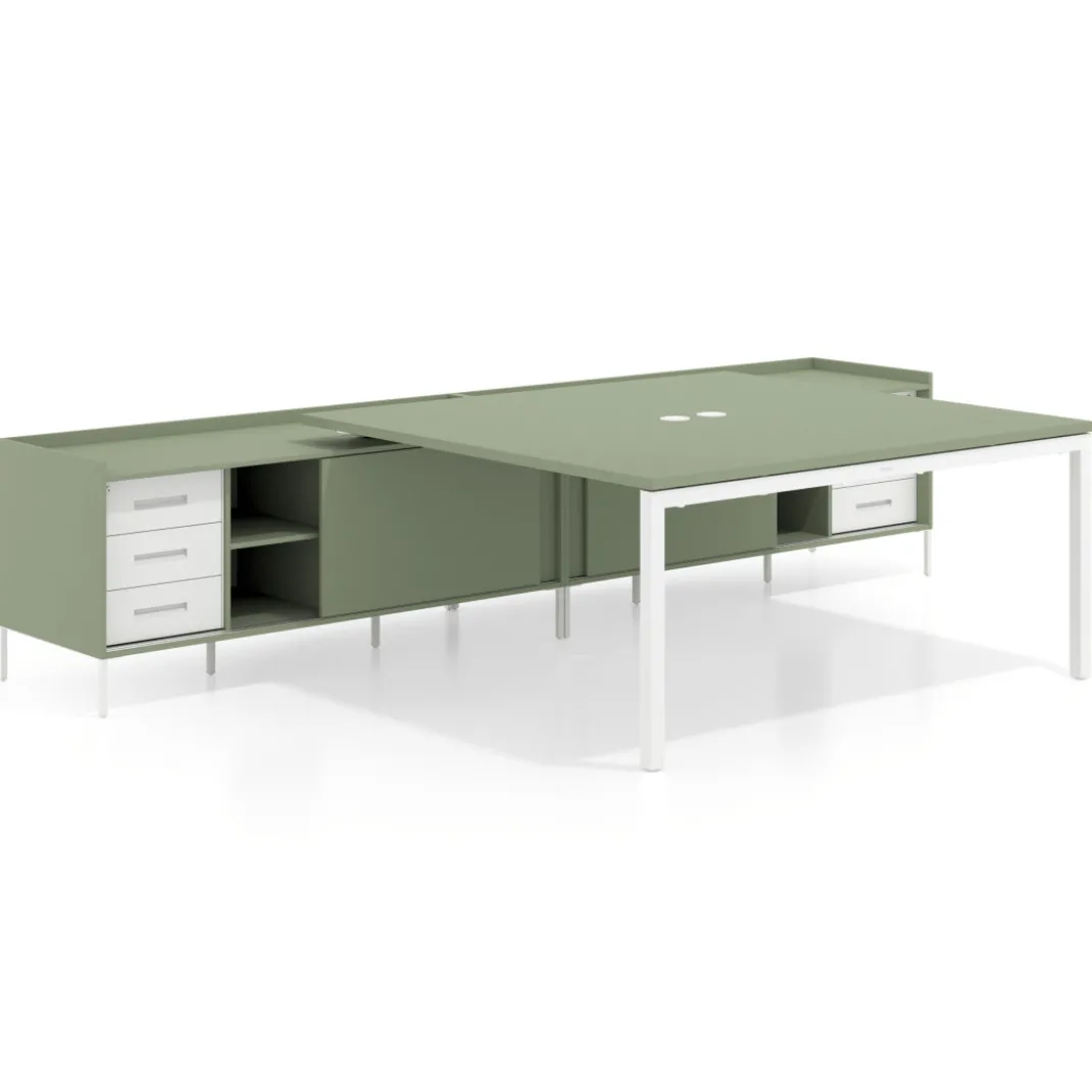 Mesa de oficina doble con pedestal cajonera Kube, encimera única, estructura blanca