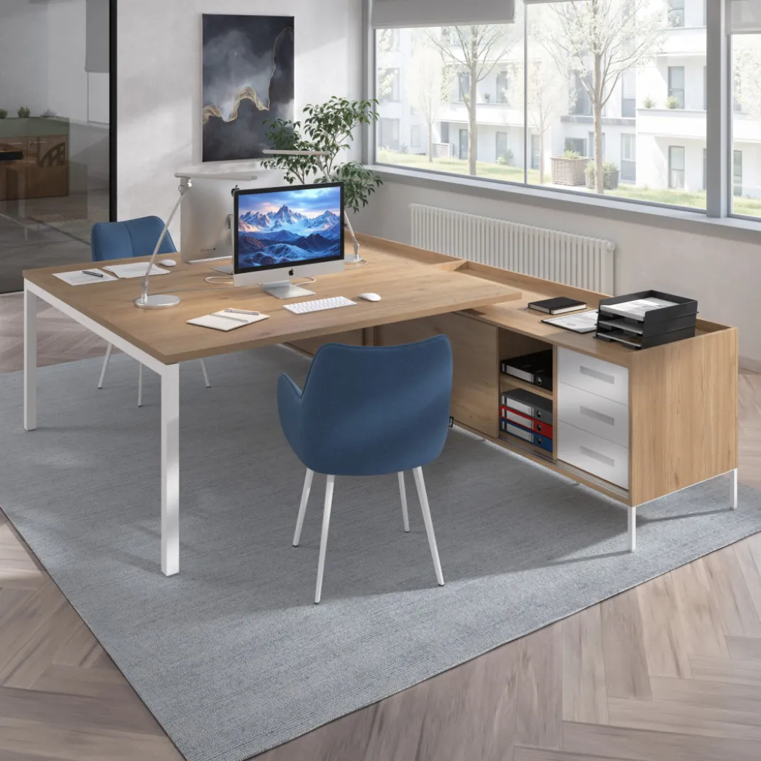 Mesa de oficina doble con pedestal cajonera Kube, encimera única, estructura blanca