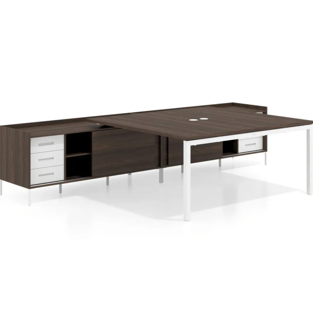 Mesa de oficina doble con pedestal cajonera Kube, encimera única, estructura blanca