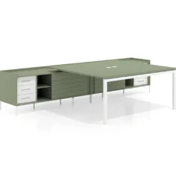 Mesa de oficina doble con pedestal cajonera Kube, encimera única, estructura blanca