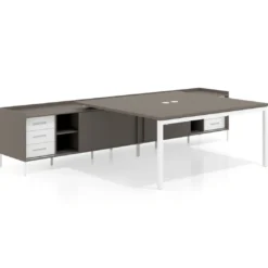 Mesa de oficina doble con pedestal cajonera Kube, encimera única, estructura blanca