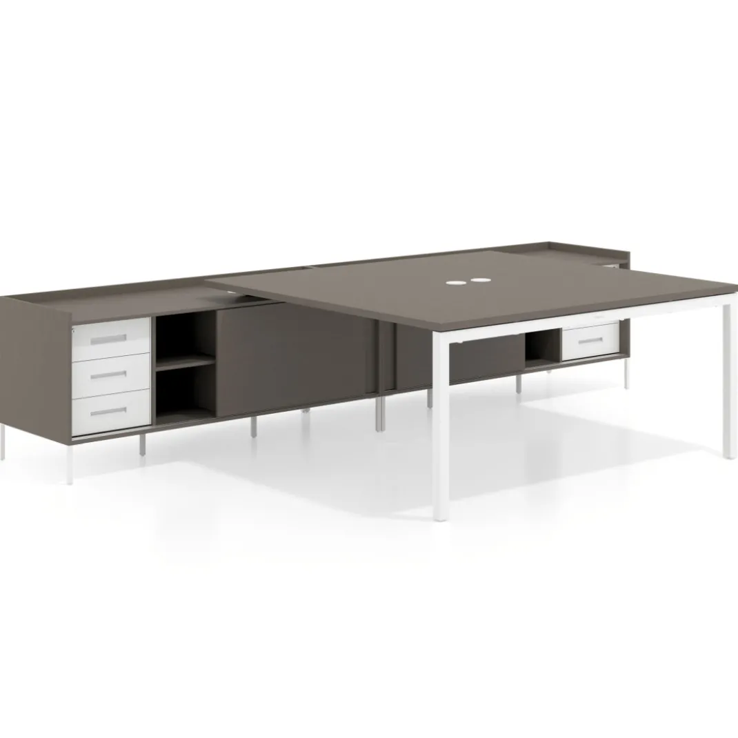 Mesa de oficina doble con pedestal cajonera Kube, encimera única, estructura blanca