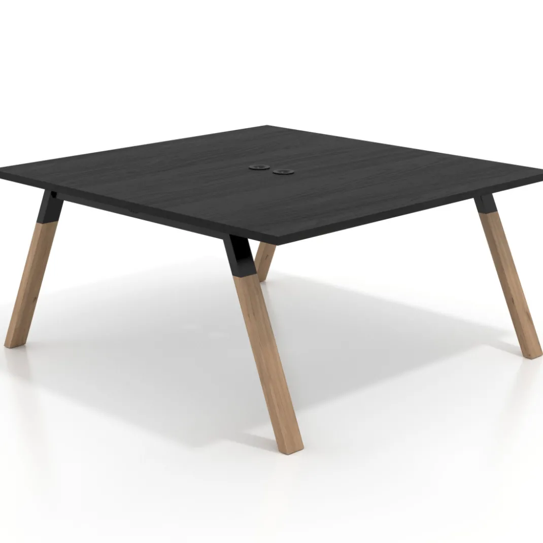 Mesa de oficina doble UvePro fondo 166, cantos rectos, estructura negra/madera