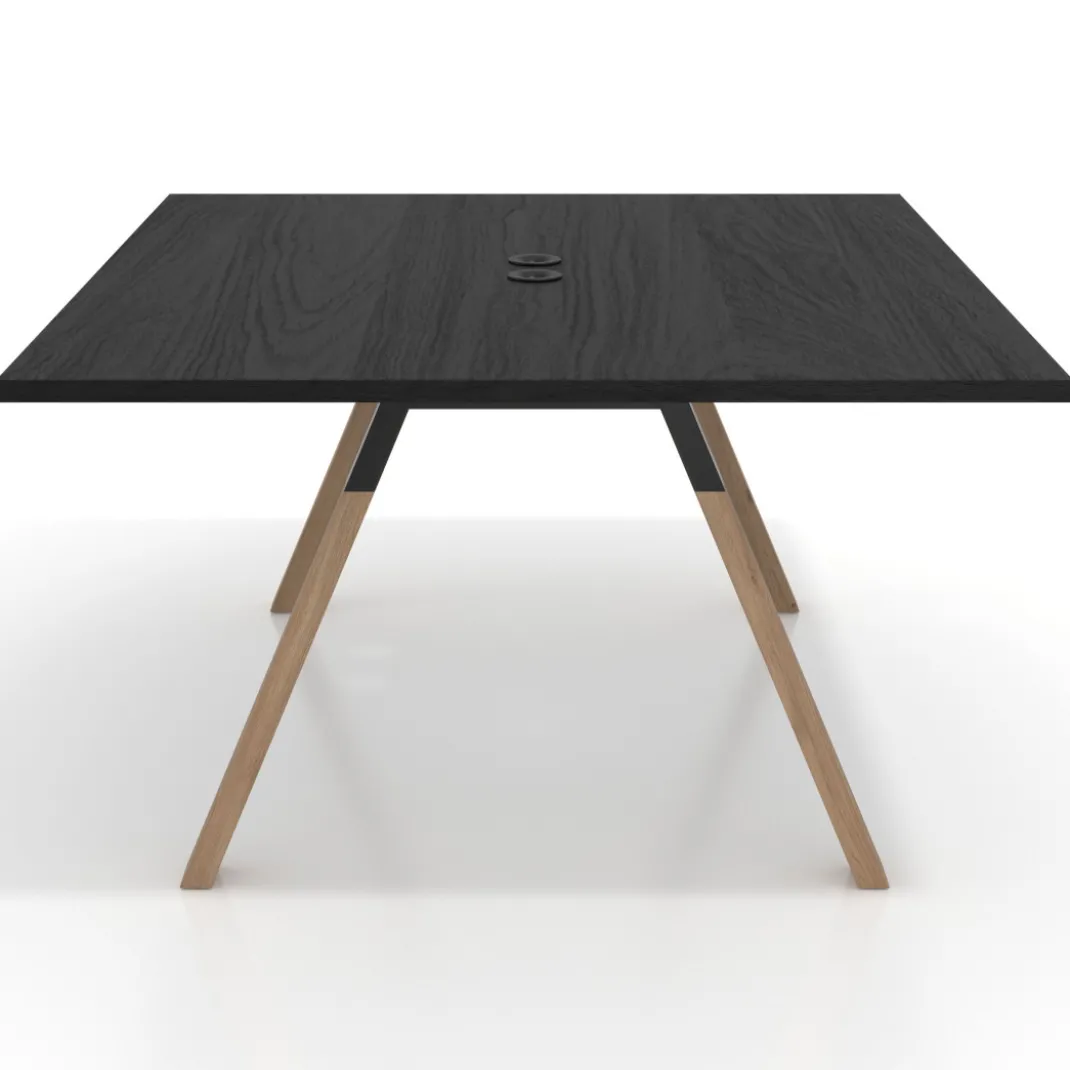 Mesa de oficina doble UvePro fondo 142, cantos rectos, estructura negra/madera