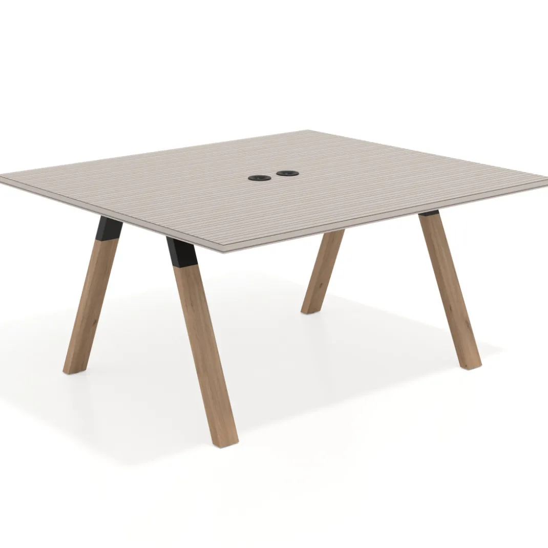 Mesa de oficina doble UvePro fondo 142, cantos rectos, estructura negra/madera