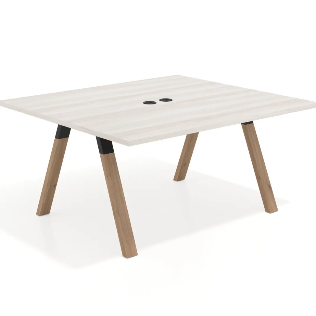 Mesa de oficina doble UvePro fondo 142, cantos rectos, estructura negra/madera