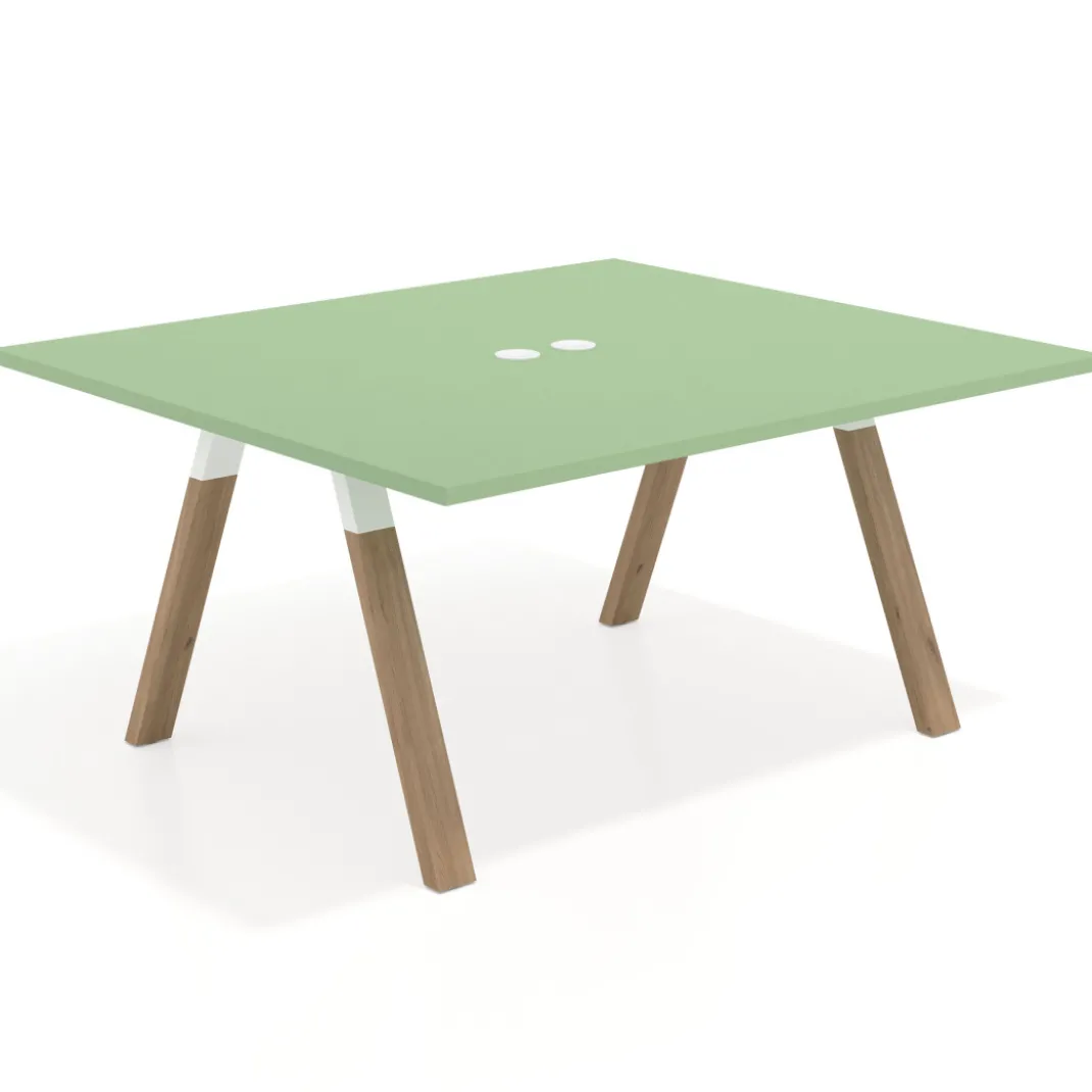 Mesa de oficina doble UvePro fondo 142, cantos rectos, estructura blanca/madera