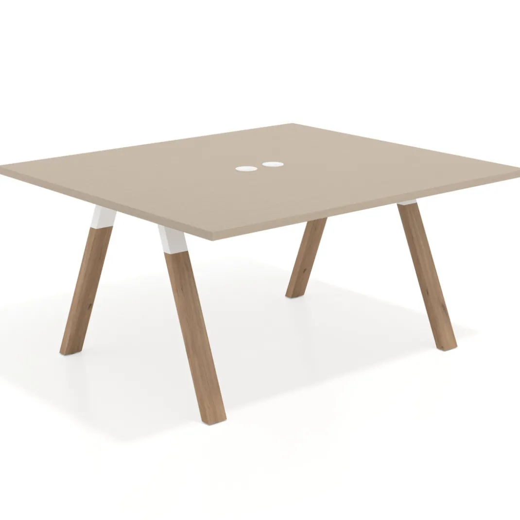 Mesa de oficina doble UvePro fondo 142, cantos rectos, estructura blanca/madera