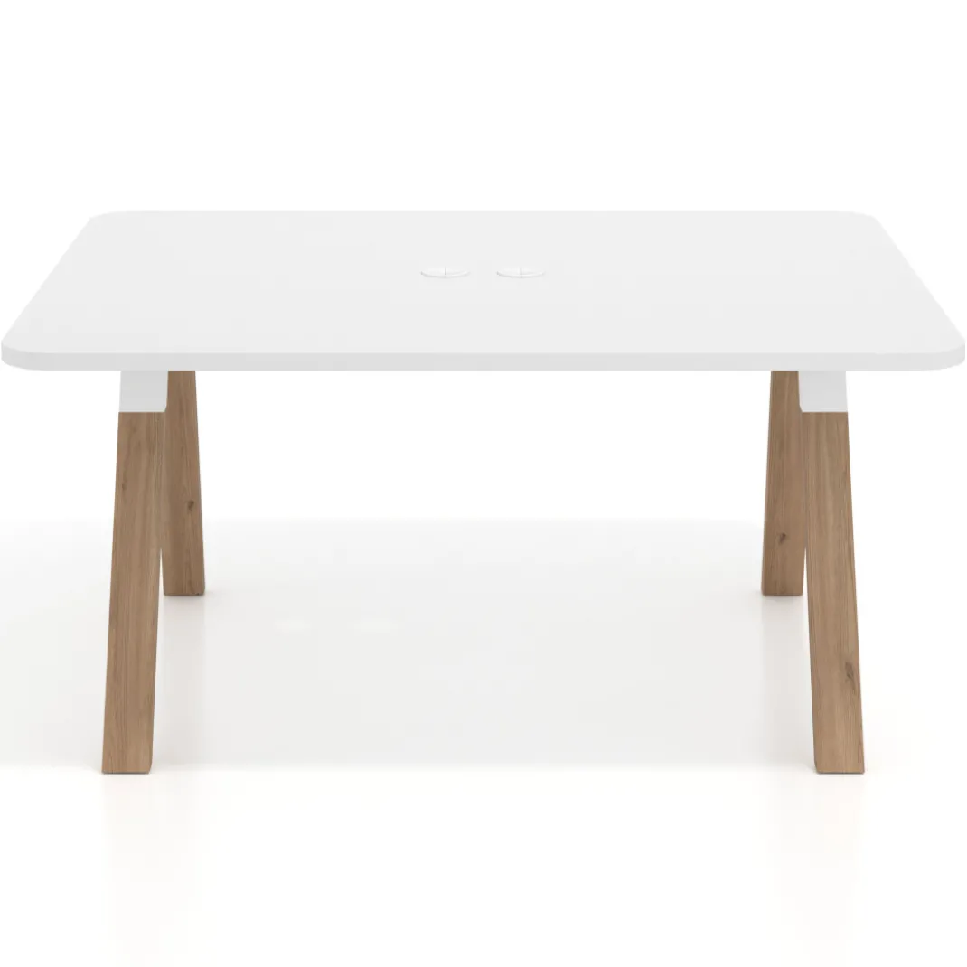 Mesa de oficina doble UvePro fondo 126, cantos redondeados, estructura blanca/madera