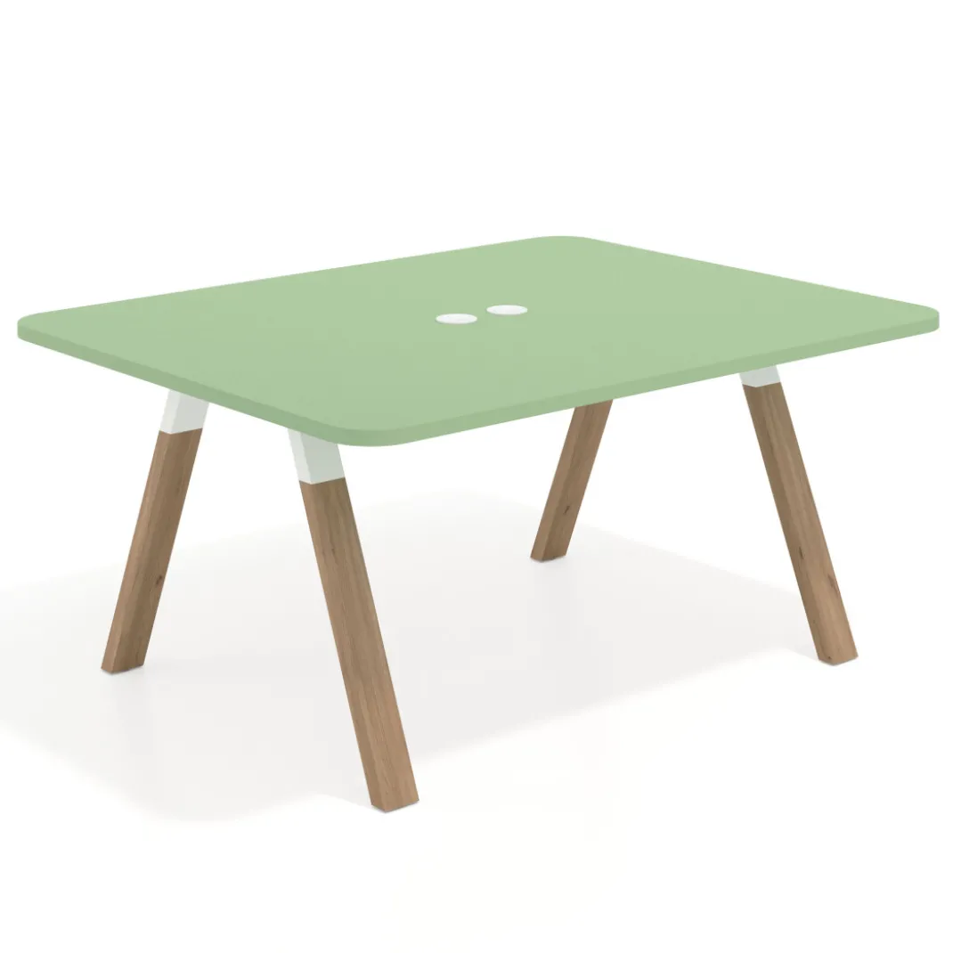 Mesa de oficina doble UvePro fondo 126, cantos redondeados, estructura blanca/madera