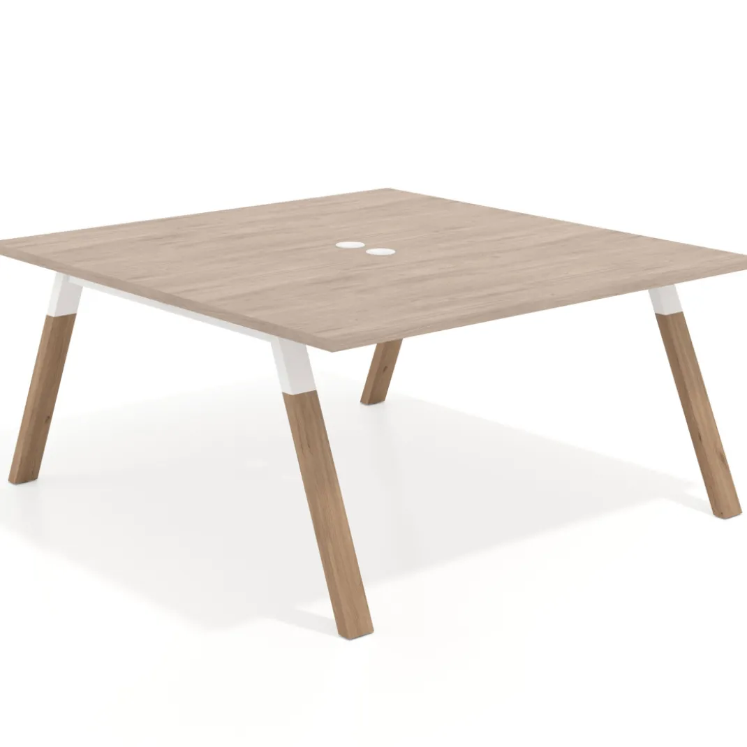 Mesa de oficina doble UvePro fondo 166, cantos rectos, estructura blanca/madera
