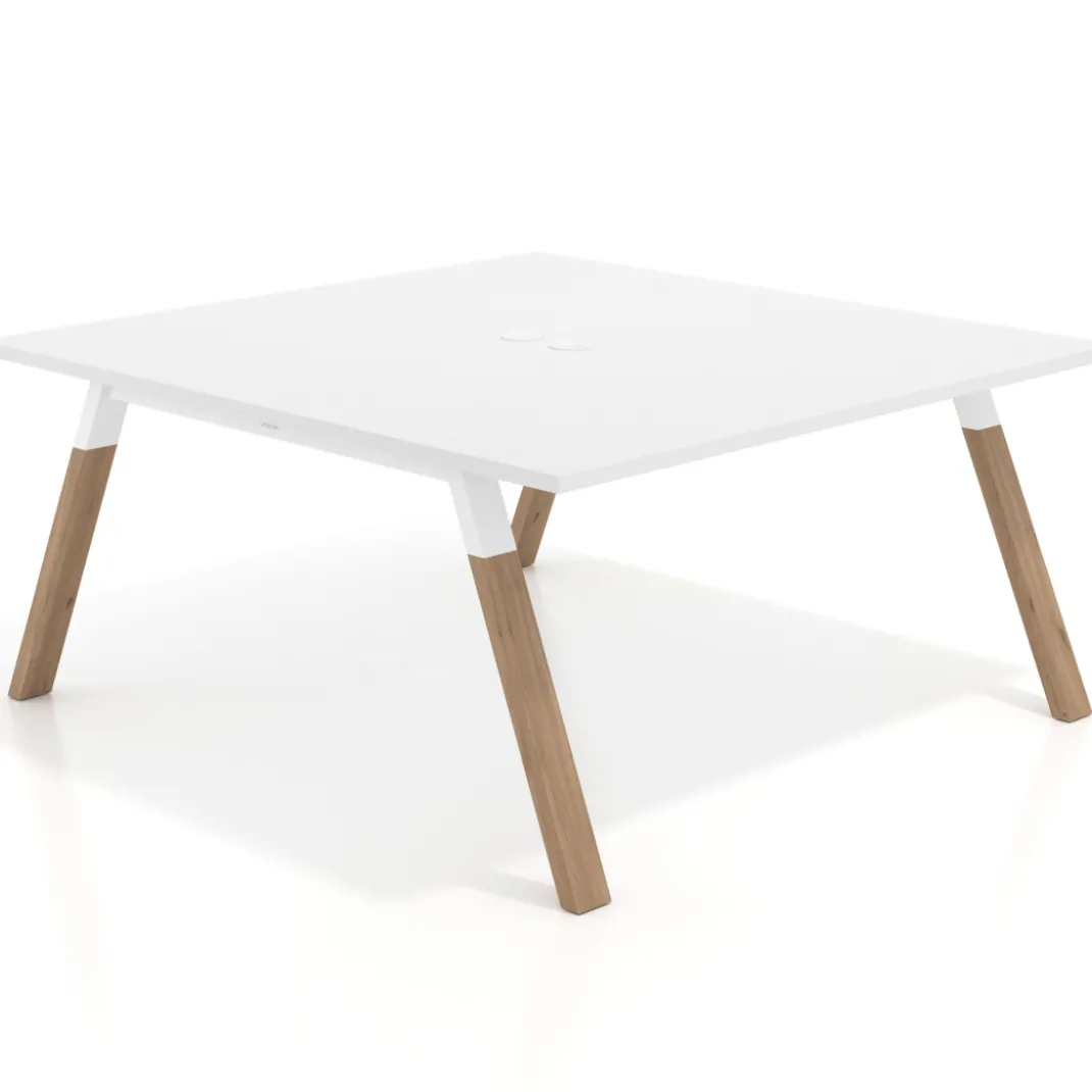 Mesa de oficina doble UvePro fondo 166, cantos rectos, estructura blanca/madera