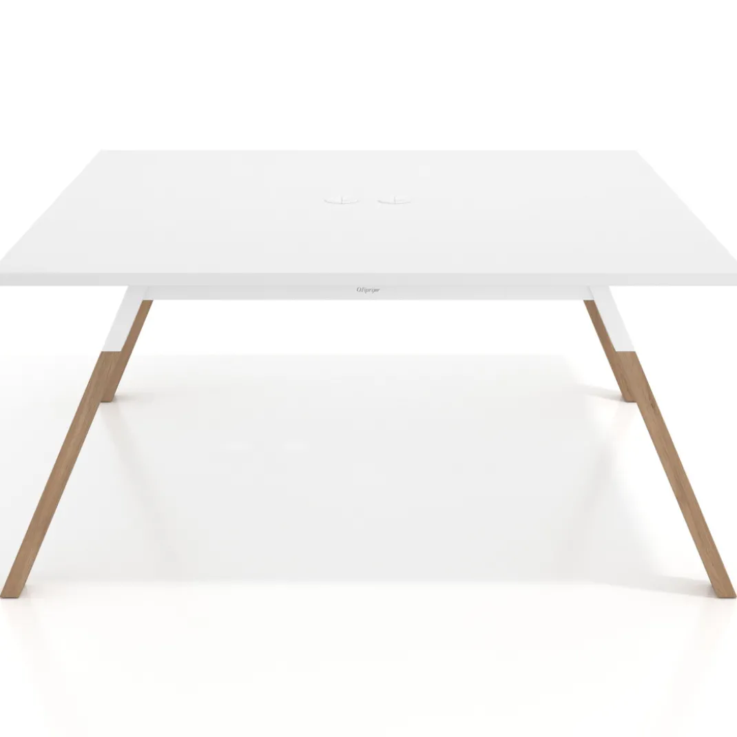 Mesa de oficina doble UvePro fondo 166, cantos rectos, estructura blanca/madera