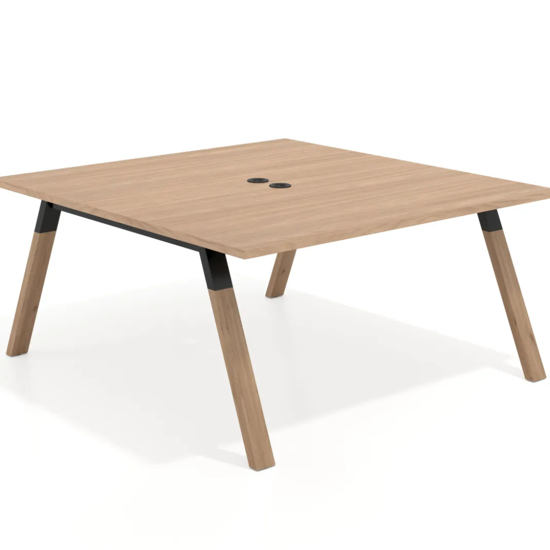Mesa de oficina doble UvePro fondo 166, cantos rectos, estructura negra/madera