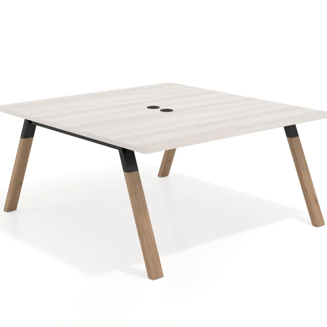 Mesa de oficina doble UvePro fondo 166, cantos rectos, estructura negra/madera