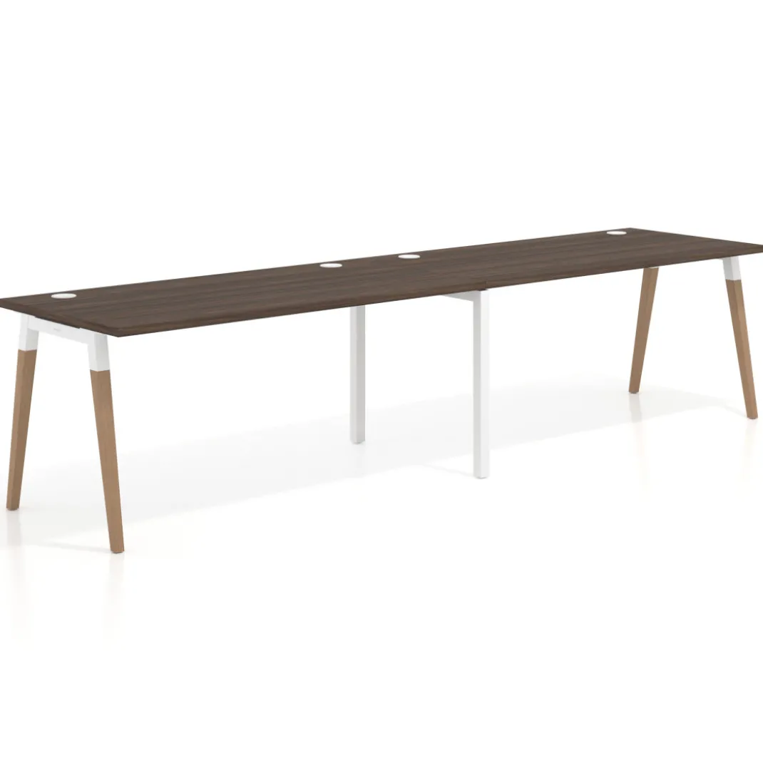 Mesa de oficina en continuidad Arki doble, patas de madera, fondo 80cm
