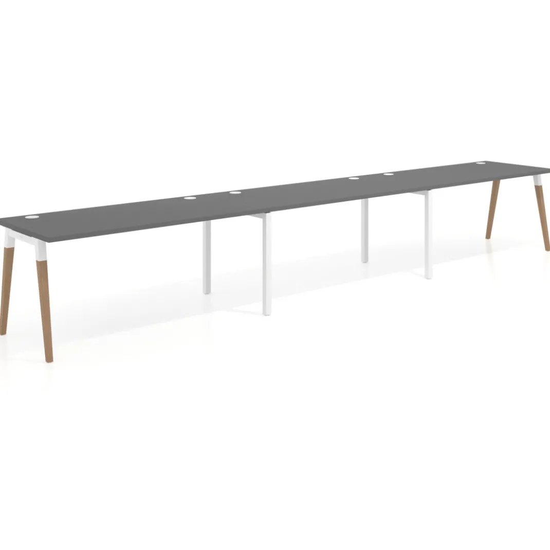 Mesa de oficina en continuidad Arki triple, patas de madera, fondo 80cm