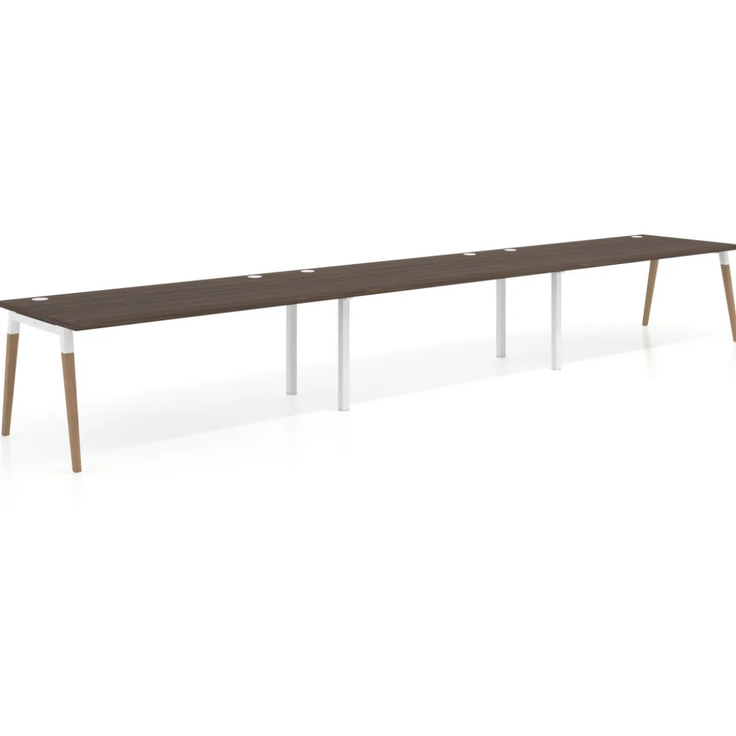 Mesa de oficina en continuidad Arki triple, patas de madera, fondo 100cm