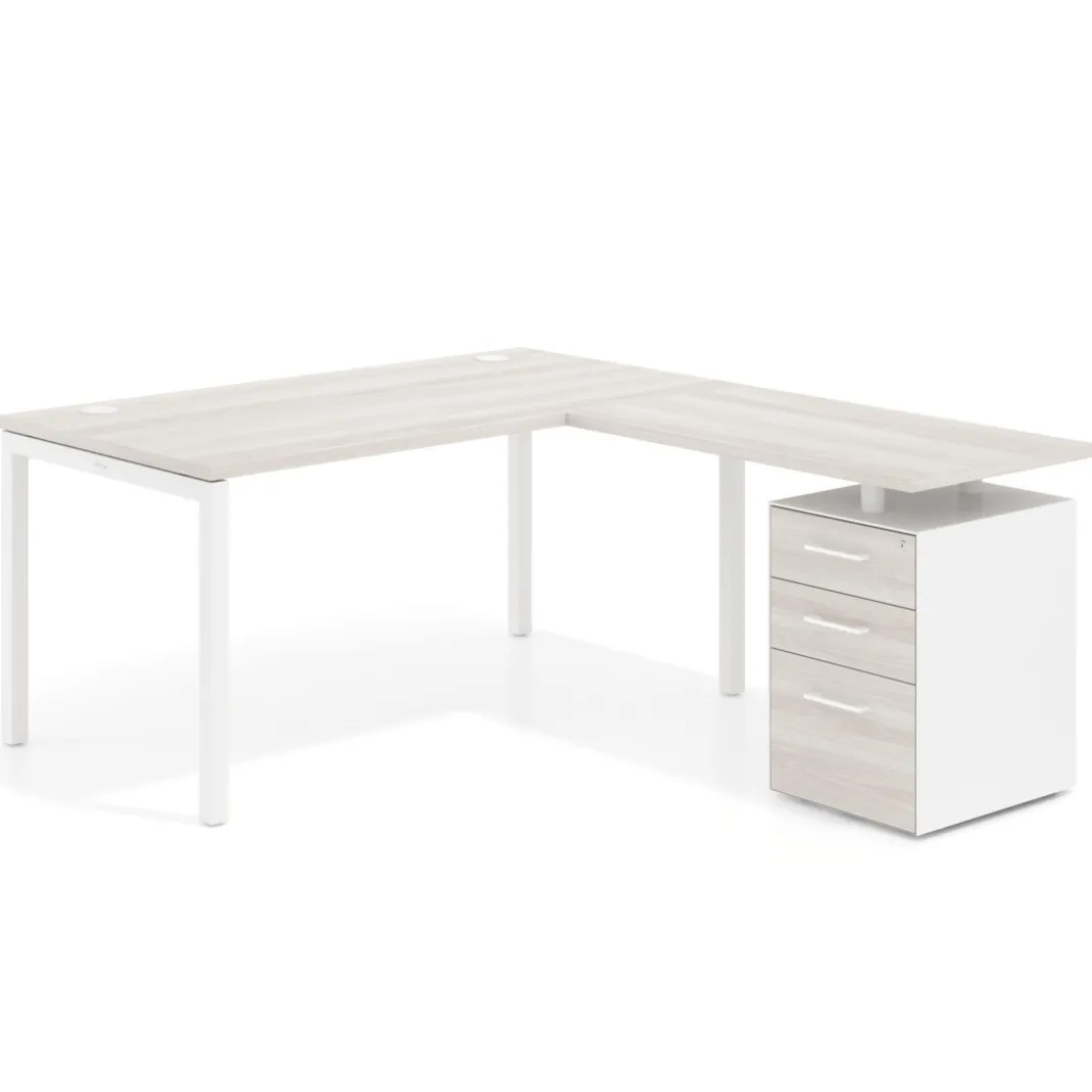 Mesa de oficina en L con cajones Kube fondo 80, frontales melamina, estructura blanca