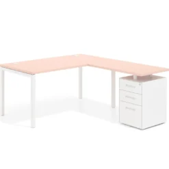 Mesa de oficina en L con cajones Kube fondo 80, frontales metal, estructura blanca