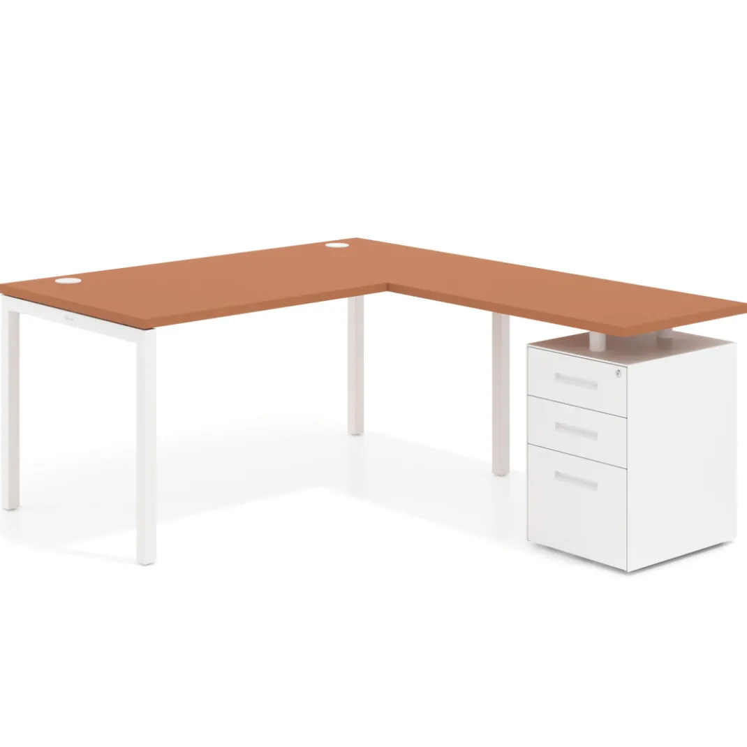 Mesa de oficina en L con cajones Kube fondo 80, frontales metal, estructura blanca