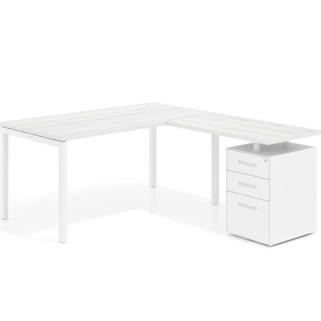 Mesa de oficina en L con cajones Kube fondo 80, frontales metal, estructura blanca
