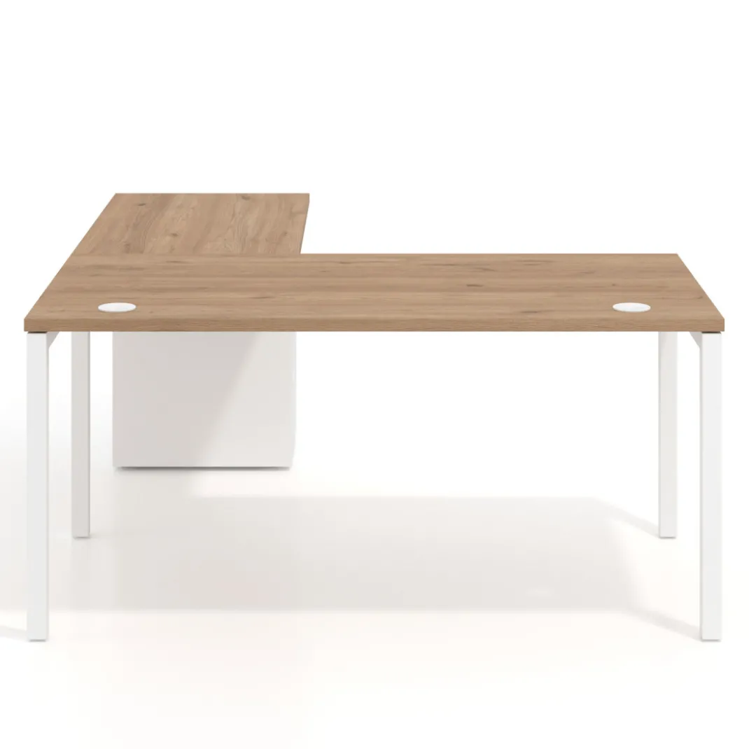Mesa de oficina en L con cajones Kube fondo 80, frontales metal, estructura blanca