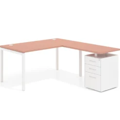 Mesa de oficina en L con cajones Kube fondo 80, frontales metal, estructura blanca