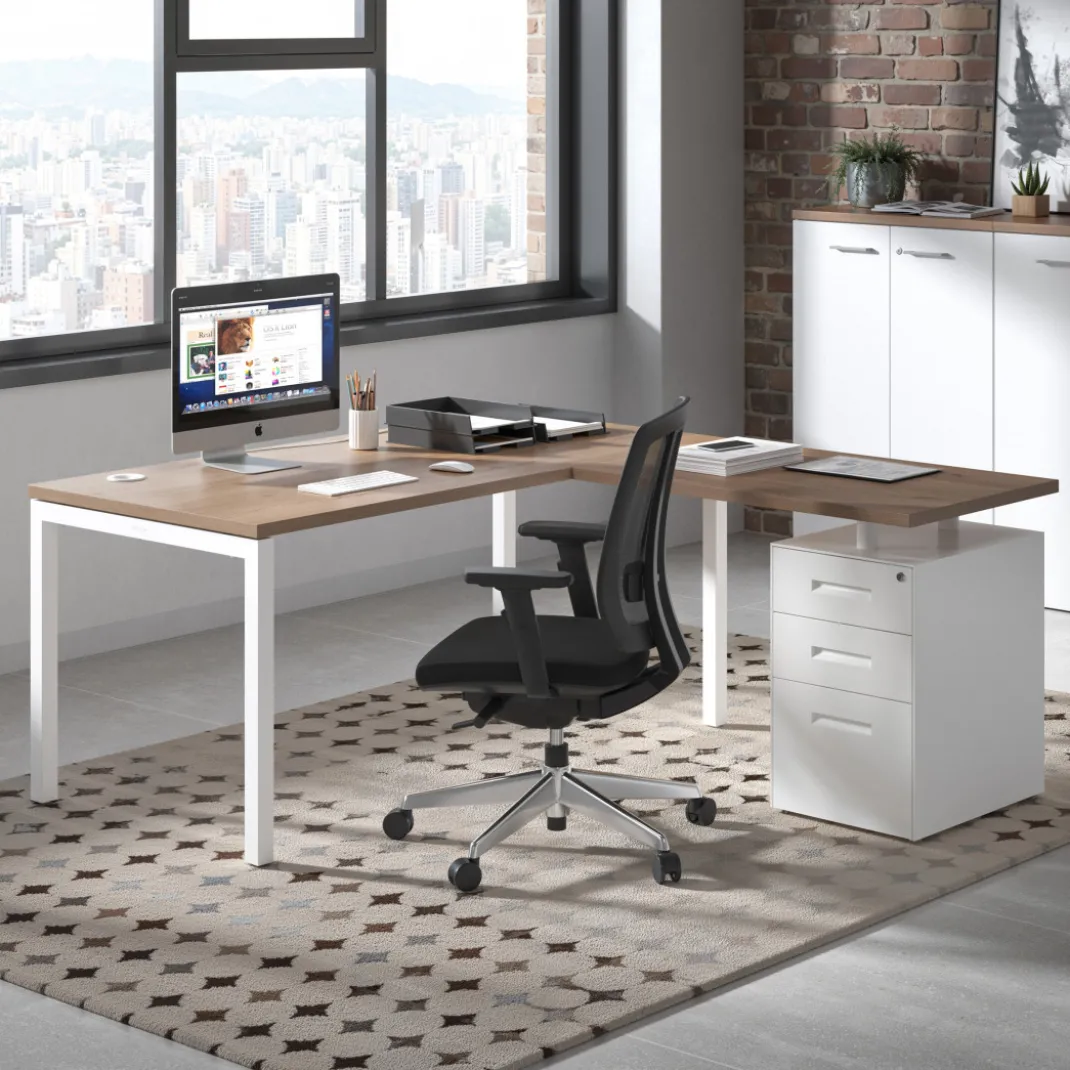 Mesa de oficina en L con cajones Kube fondo 80, frontales metal, estructura blanca