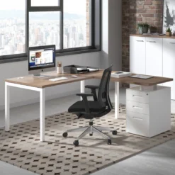 Mesa de oficina en L con cajones Kube fondo 80, frontales metal, estructura blanca