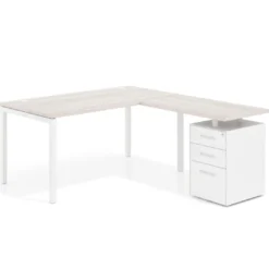 Mesa de oficina en L con cajones Kube fondo 80, frontales metal, estructura blanca