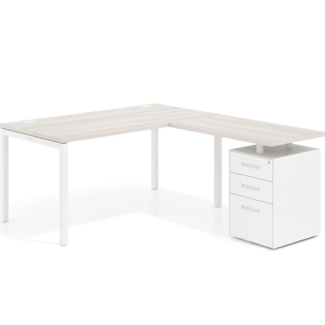 Mesa de oficina en L con cajones Kube fondo 80, frontales metal, estructura blanca