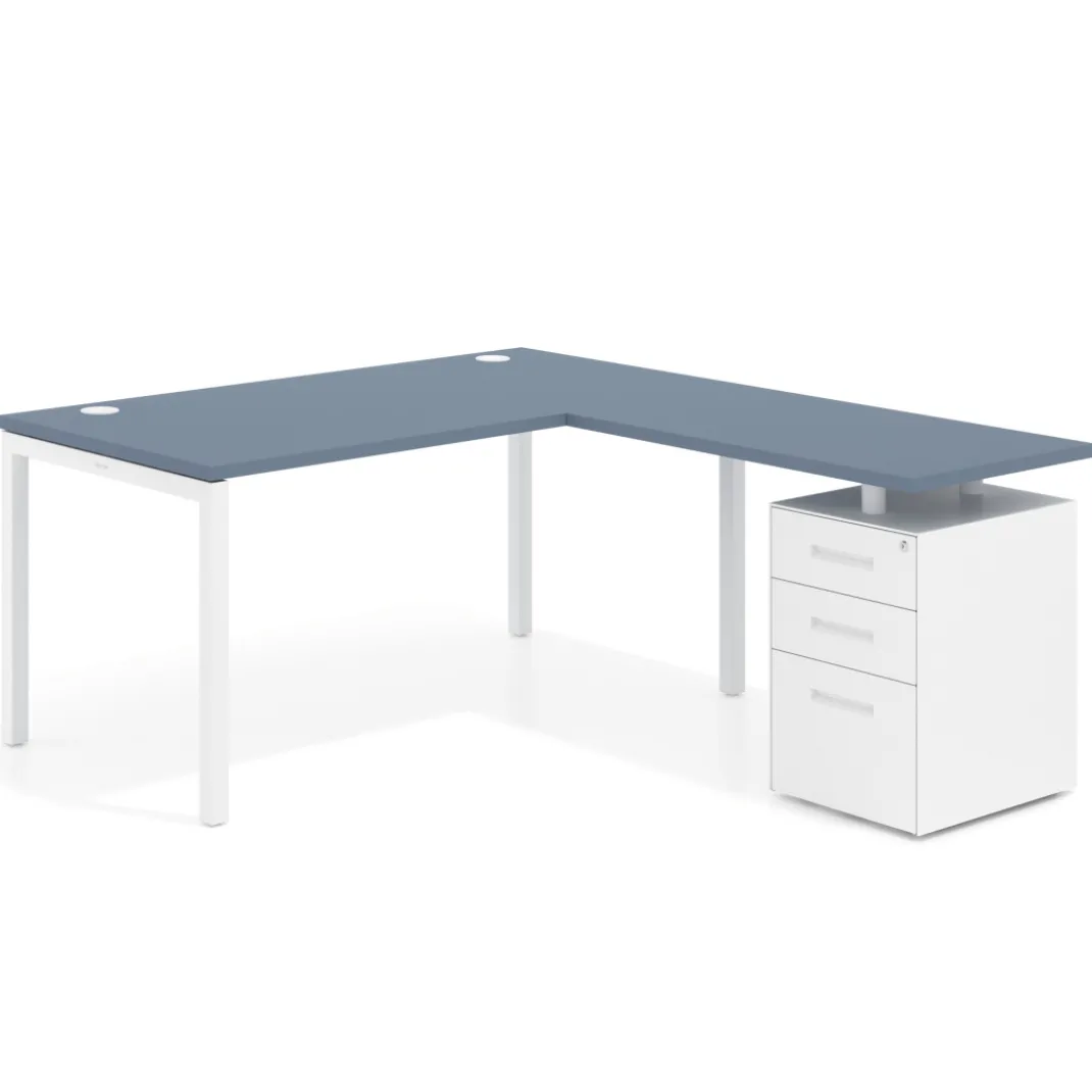 Mesa de oficina en L con cajones Kube fondo 80, frontales metal, estructura blanca