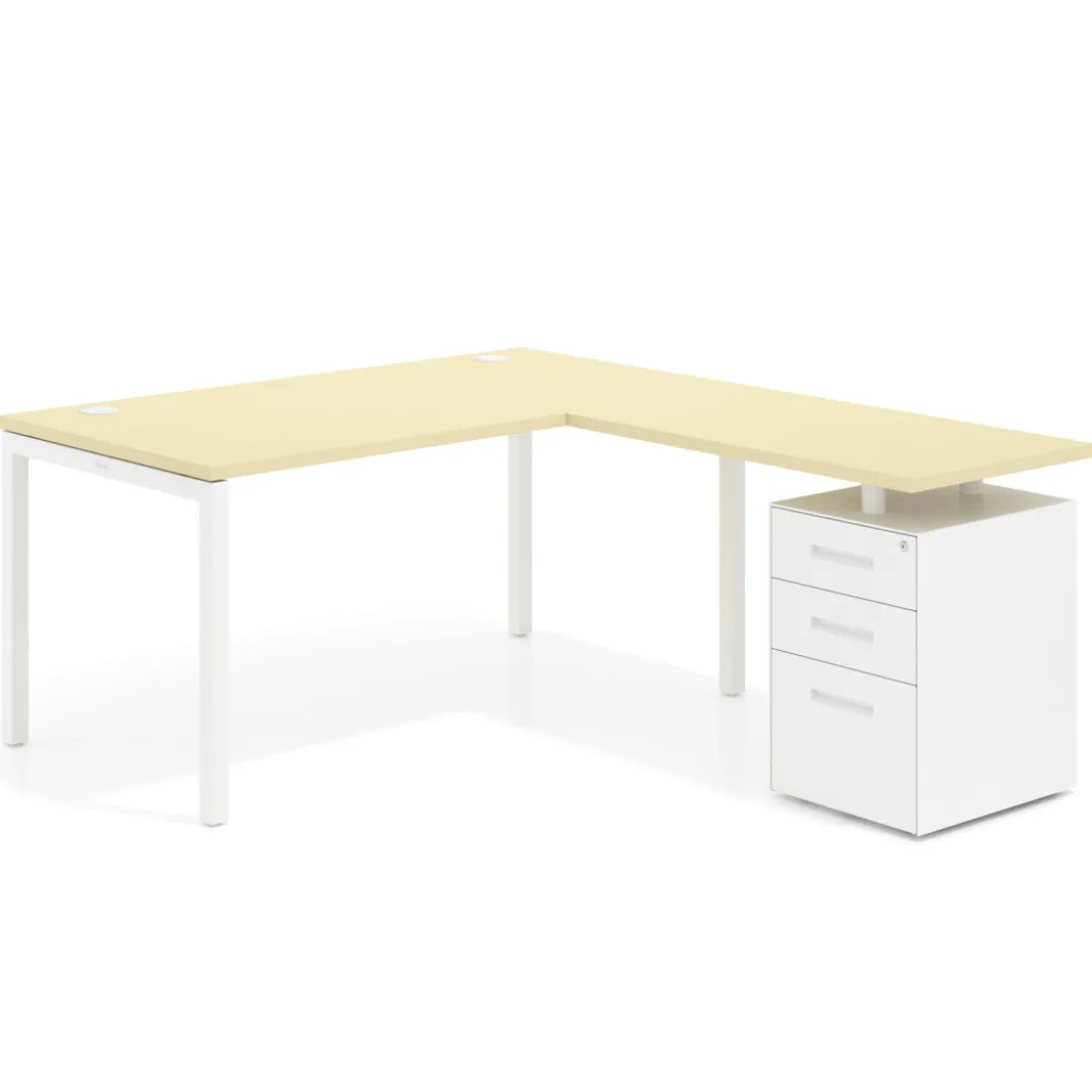 Mesa de oficina en L con cajones Kube fondo 80, frontales metal, estructura blanca