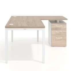 Mesa de oficina en L con cajones Kube fondo 80, ala corta, frontales melamina, estructura blanca