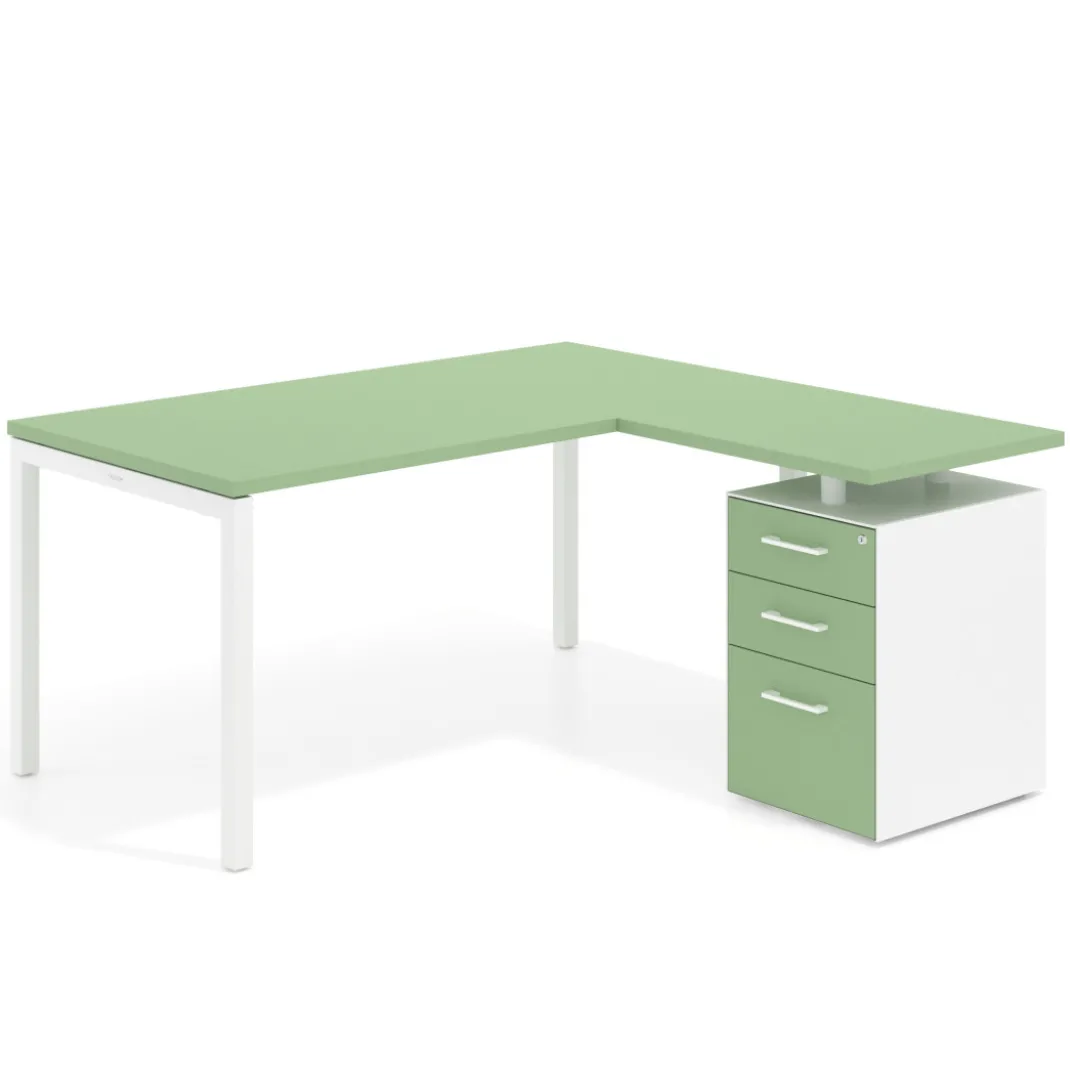 Mesa de oficina en L con cajones Kube fondo 80, ala corta, frontales melamina, estructura blanca